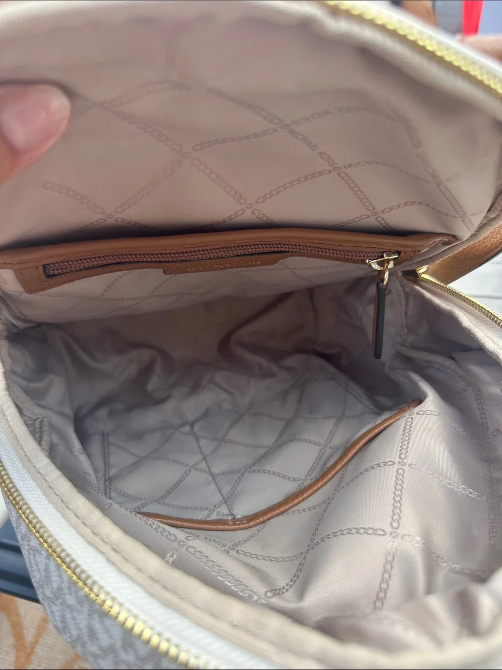 Michael Kors Cream/Beige MK Logo Backpack with Brown Trim